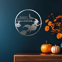 17" Silver Flying Witch Happy Halloween Wall Sign