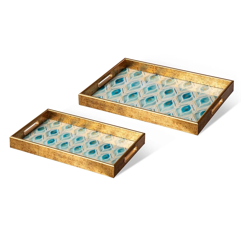 Glitzhome® Rectangle Peacock Feathers Patterned Decorative Trays Set