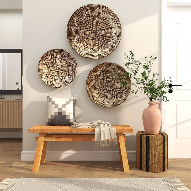 Brown Banana Leaf Handmade Linear Wrapped Accent Table with Navy Stripes