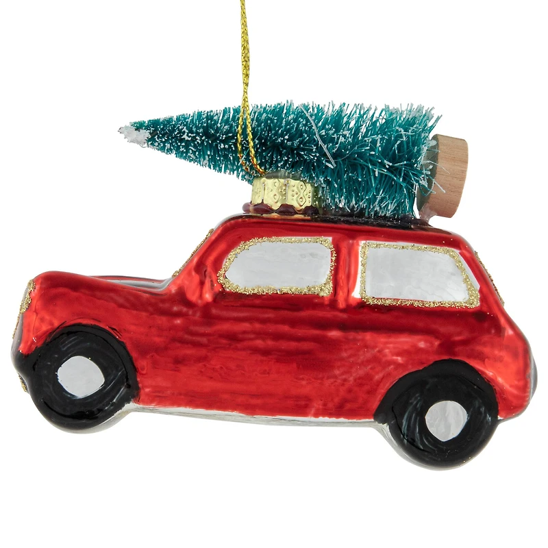 Station Wagon with Tree Glass Christmas Ornament - 3.5" - Red