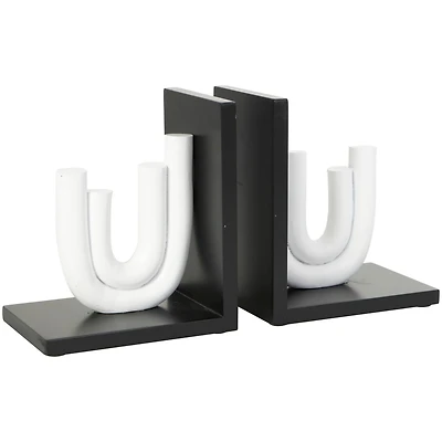 7" White MDF Abstract Layered U-Shaped Bookends with Black Stands Set