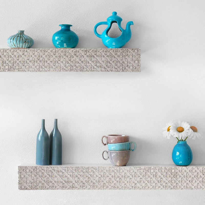 36" Greywashed Rustic Embossed Wood Floating Wall Shelf