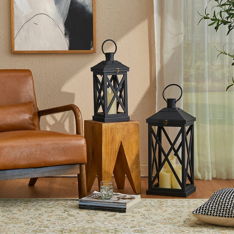 Glitzhome® Black Farmhouse Wood & Metal Lanterns Set