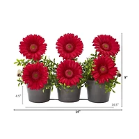 14" Gerbera Daisy Artificial Arrangement in Trio Metal Vase