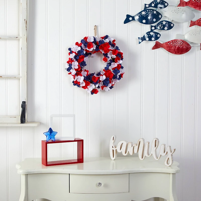 18" Red, White & Blue Americana Hydrangea Wreath