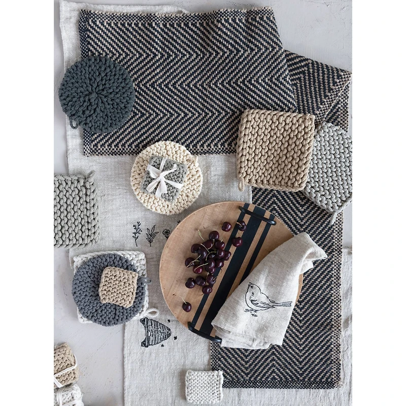 Hello Honey® 8" Black, Gray & Cream Round Cotton Crocheted Pot Holder Set