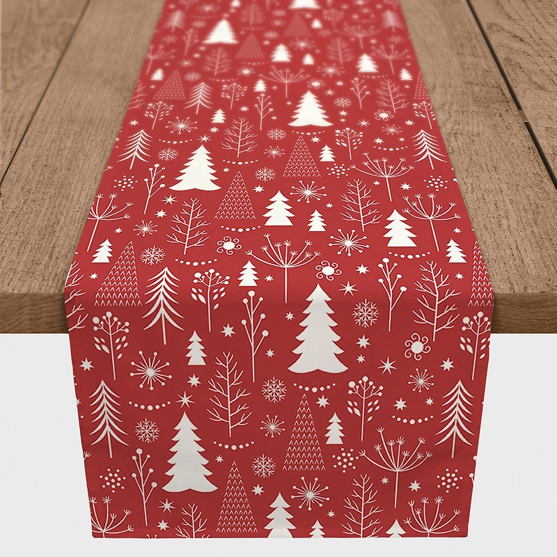 90" Winter Tree Pattern Red Poly Twill Table Runner