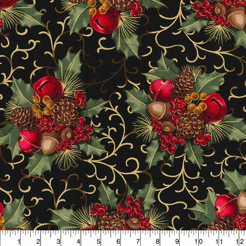 Fabric Traditions Christmas Black Berries & Bells Glitter Cotton Fabric