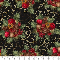 Fabric Traditions Christmas Black Berries & Bells Glitter Cotton Fabric
