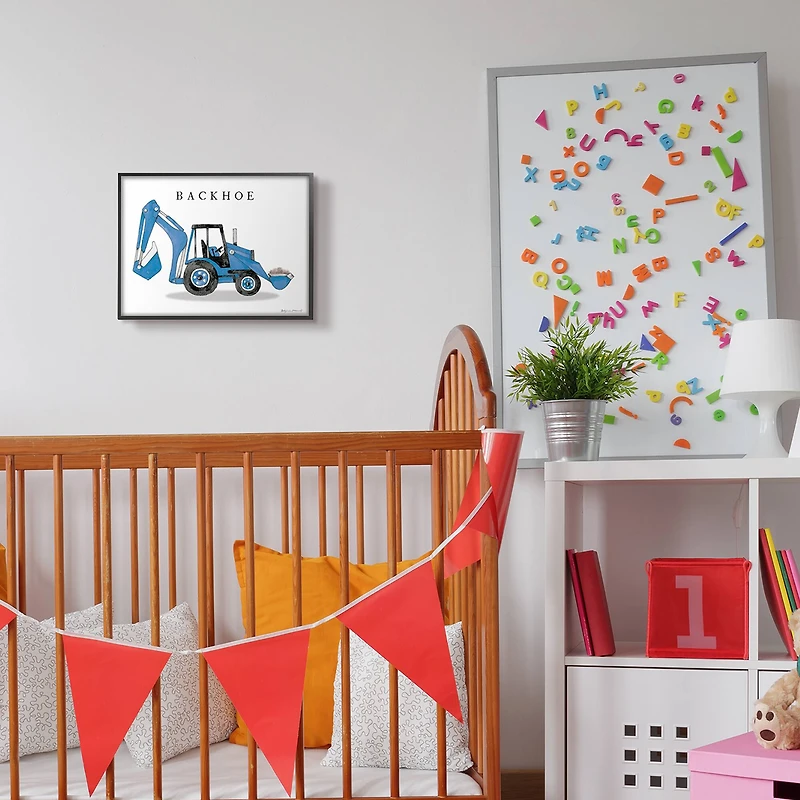 Stupell Industries Blue Backhoe Construction Truck Wall Art in Black Frame