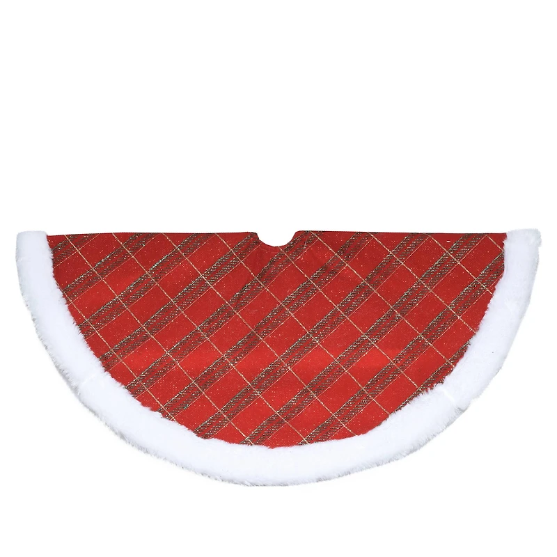 20" Glittery Plaid & White Faux Fur Trim Mini Tree Skirt