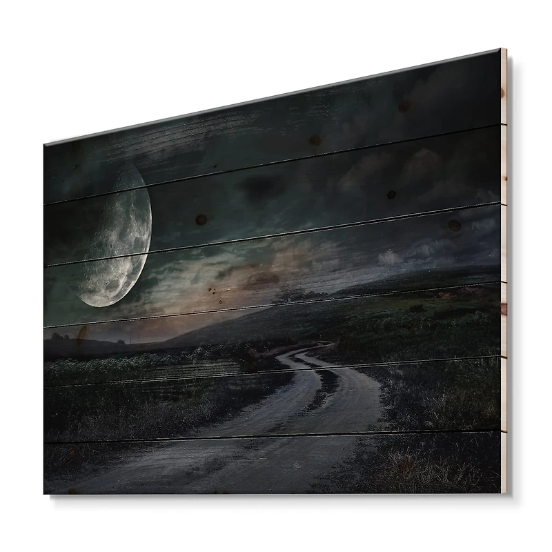Designart - Rural Road Through The Meadow Under Full Moon