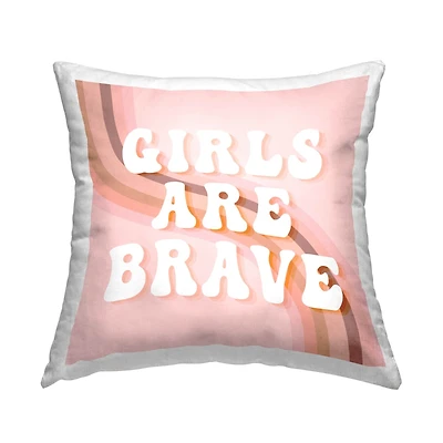 Stupell Industries Girls Are Brave Retro Pink Curved Typography Stripes Throw Pillow, 18" x 18"