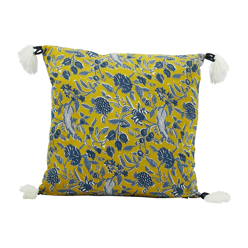 Hello Honey® Chartreuse & Blue Floral Pattern Cotton Pillow with Yarn-Wrapped Tassels