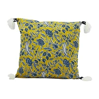 Hello Honey® Chartreuse & Blue Floral Pattern Cotton Pillow with Yarn-Wrapped Tassels