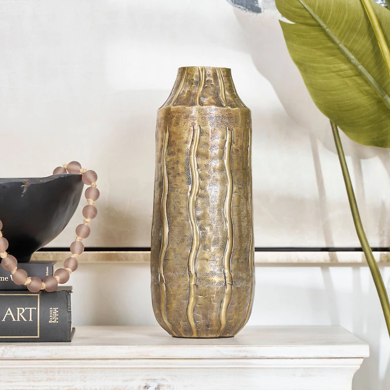 14" Brass Metal Snakeskin Inspired Vase with Dimensional Wavy Accents