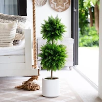 3.5ft. UV Resistant Cedar Double Ball Topiary Tree in White Decorative Planter