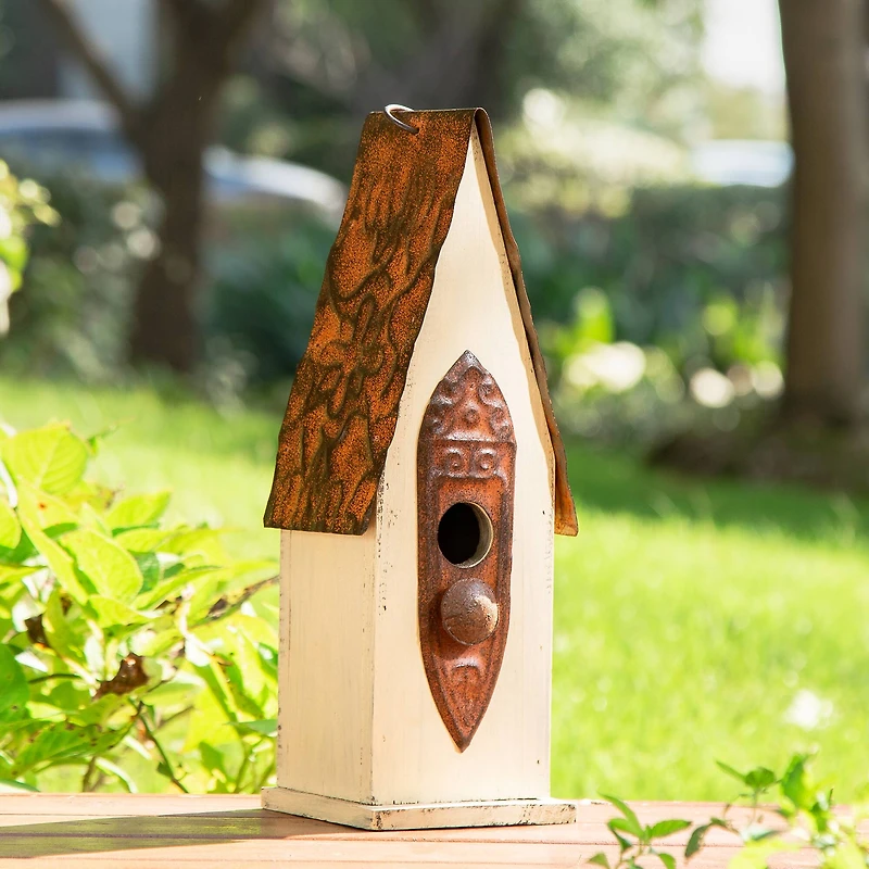 Glitzhome® 13.25" White Distressed Wood Birdhouse