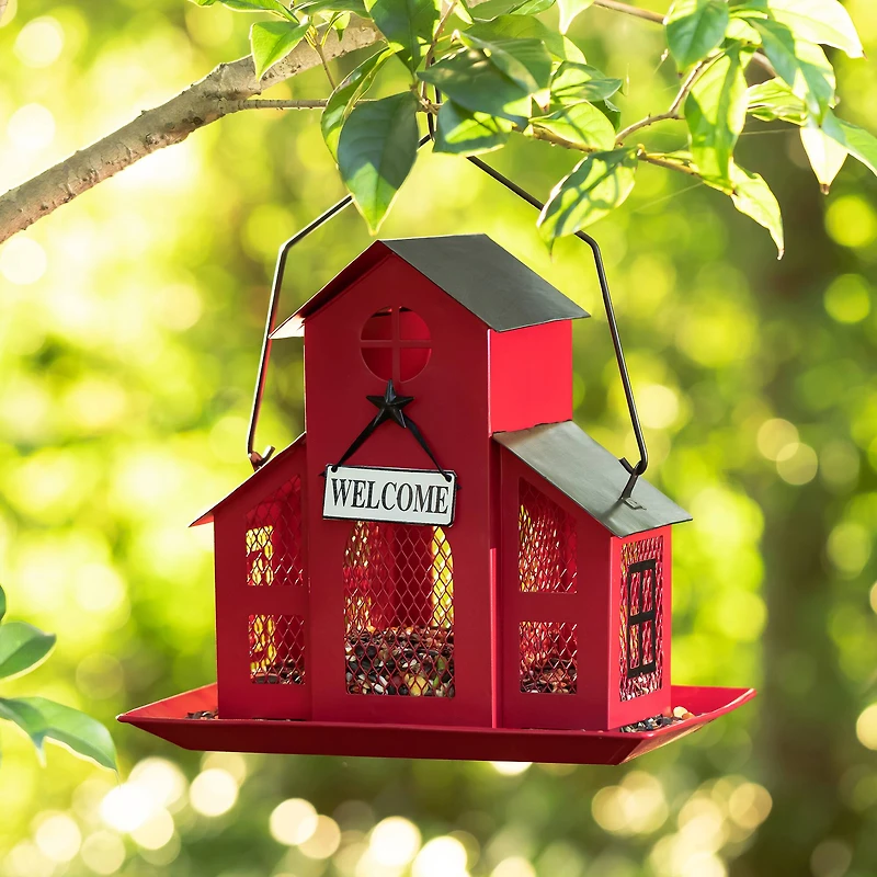 Glitzhome® 12" Red Metal Barn Hanging Bird Feeder