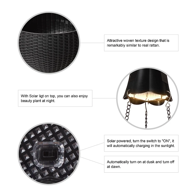 Glitzhome® 30" Solar Lighted Black Plastic Hanging Planter