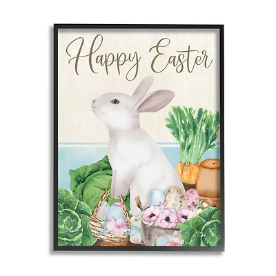 Stupell Industries Happy Easter Bunny Rabbit Greens Eggs Basket Framed Giclee Art
