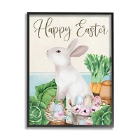 Stupell Industries Happy Easter Bunny Rabbit Greens Eggs Basket Framed Giclee Art