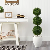 3.5ft. Boxwood Triple Ball Topiary Artificial Tree in White Planter