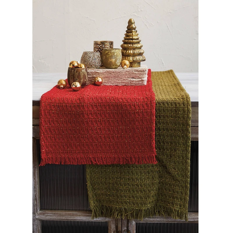Hello Honey® 108" Green Woven Cotton Table Runner with Metallic Gold Thread & Fringe