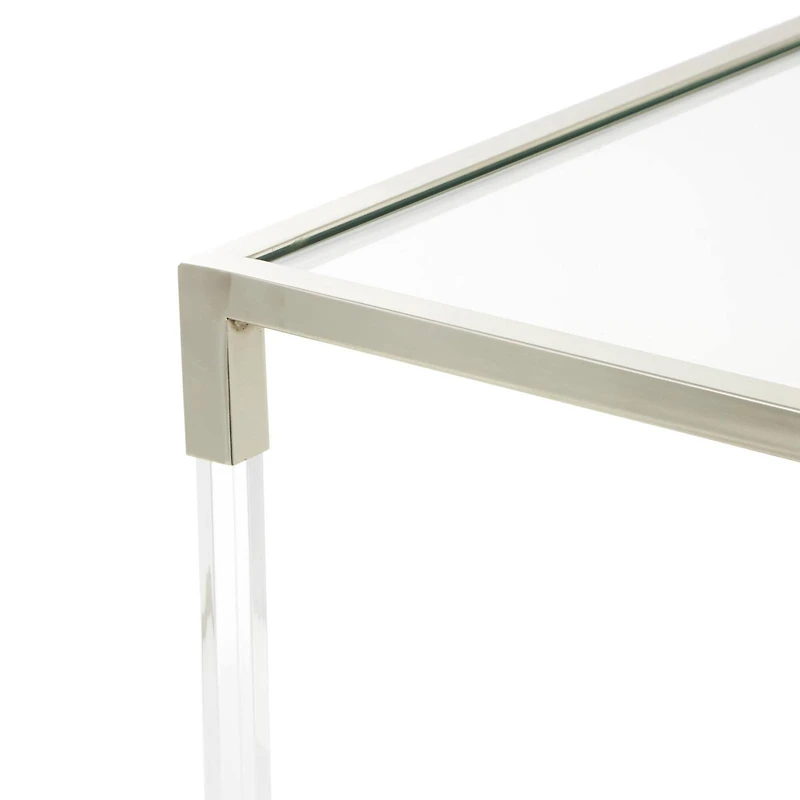 46" Silver Metal Minimalistic Open Framed Living Room Coffee Table with Clear Glass Top & Acrylic Legs