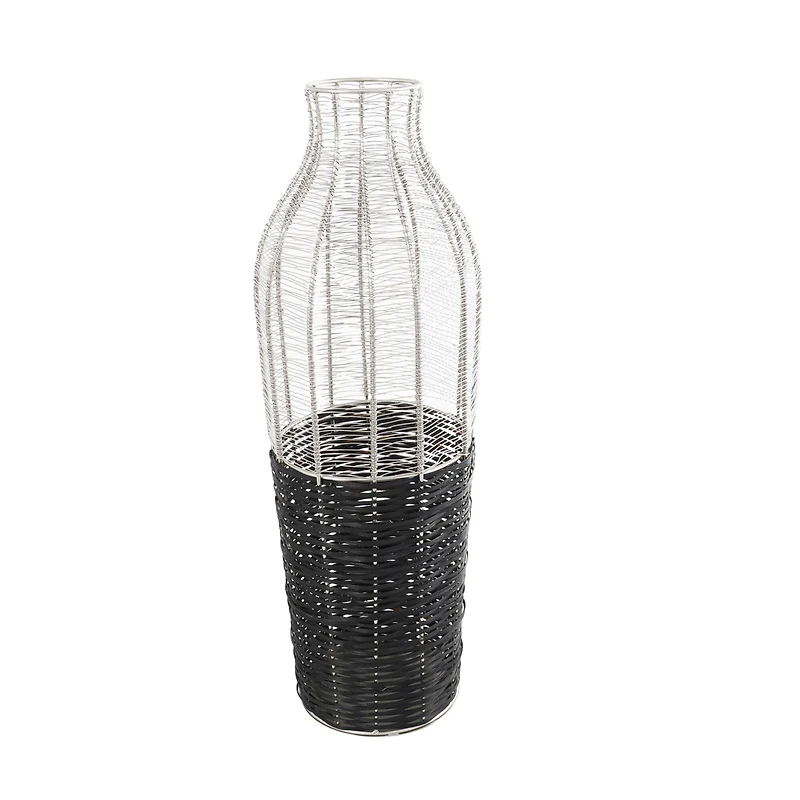 24" Silver Metal Vase with Woven Black Rattan Base