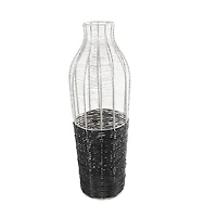 24" Silver Metal Vase with Woven Black Rattan Base