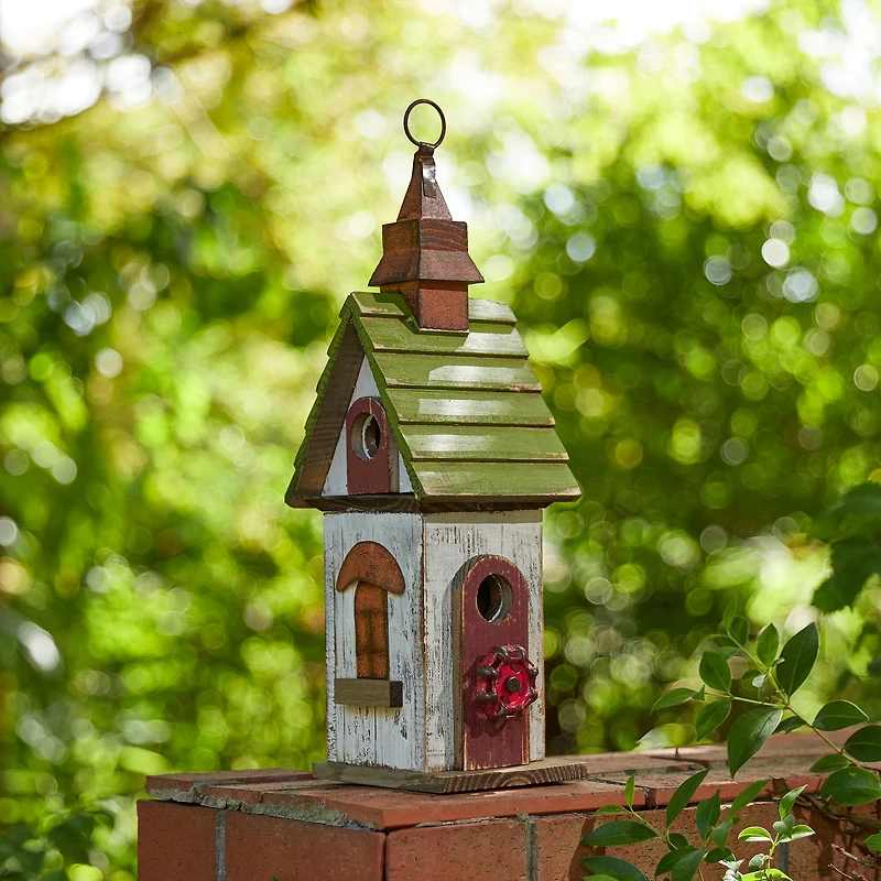 Glitzhome® 15.75" White & Green Distressed Wood Birdhouse