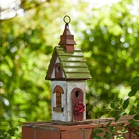 Glitzhome® 15.75" White & Green Distressed Wood Birdhouse