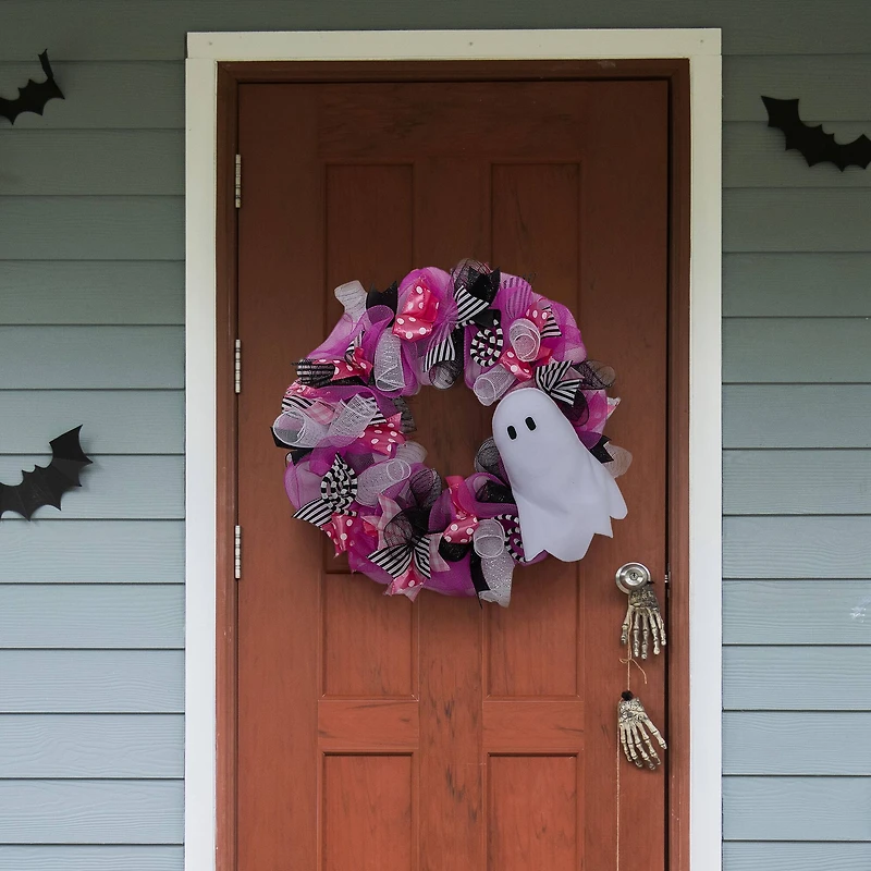 24" Pink, Black & White Mesh & Ribbon Wreath with Ghost by Ashland®