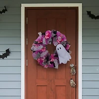 24" Pink, Black & White Mesh & Ribbon Wreath with Ghost by Ashland®