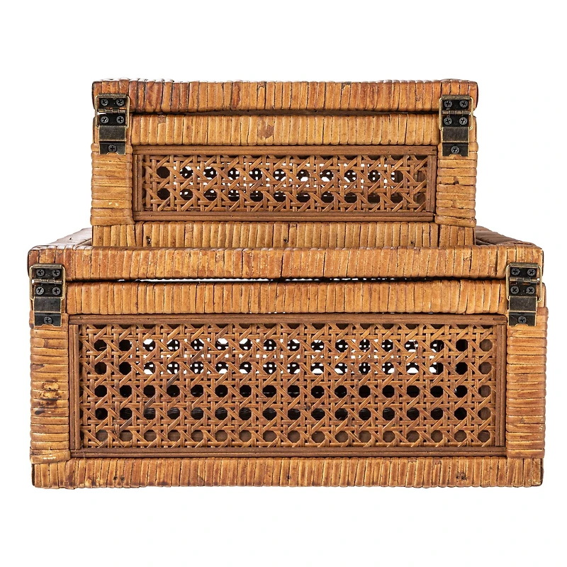 Hello Honey® Dark Brown Modern Decorative Square Woven Rattan & Wood Display Box Set with Glass Top