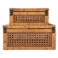 Hello Honey® Dark Brown Modern Decorative Square Woven Rattan & Wood Display Box Set with Glass Top