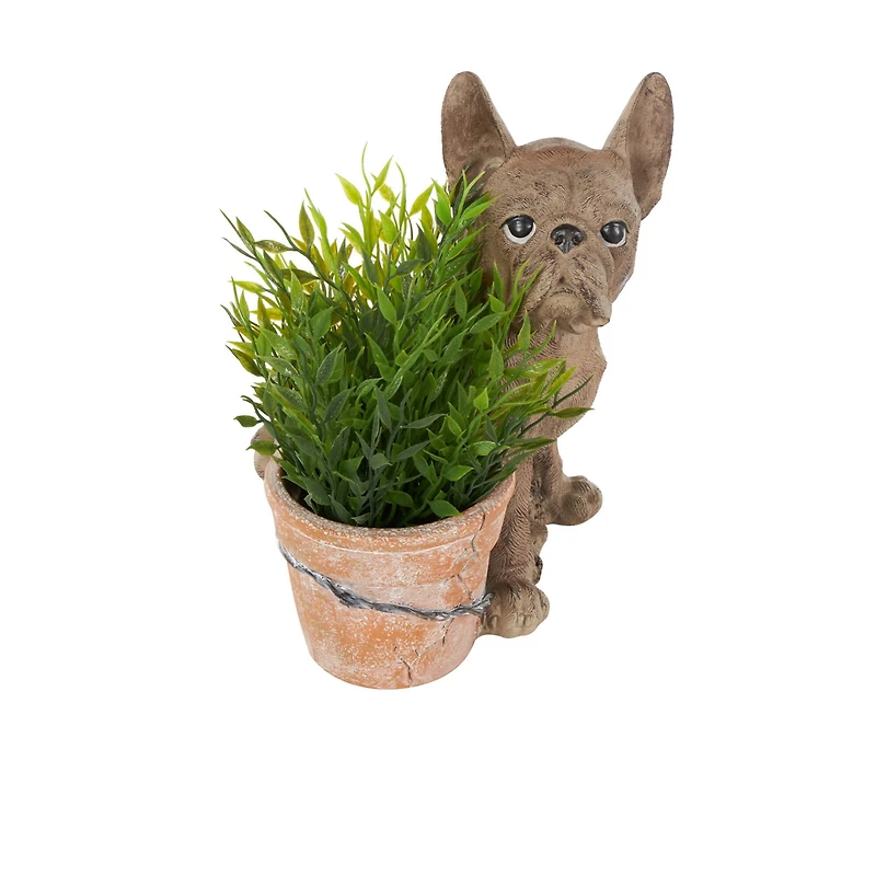 11" Textured Brown Dog Planter with Antique Pot