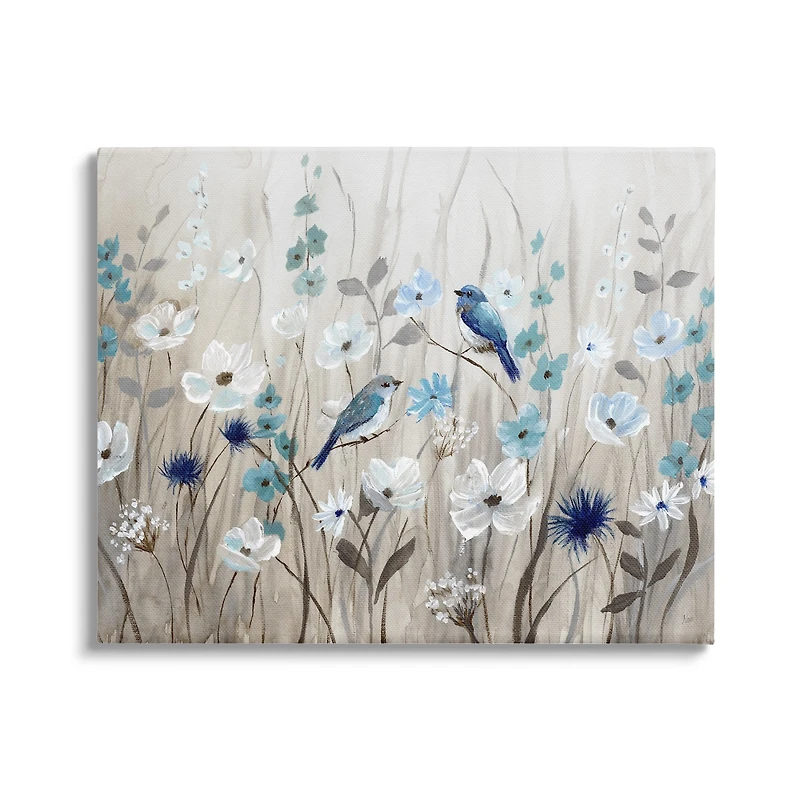 Stupell Industries Birds Floral Meadow Blue White Blossoms Canvas Wall Art