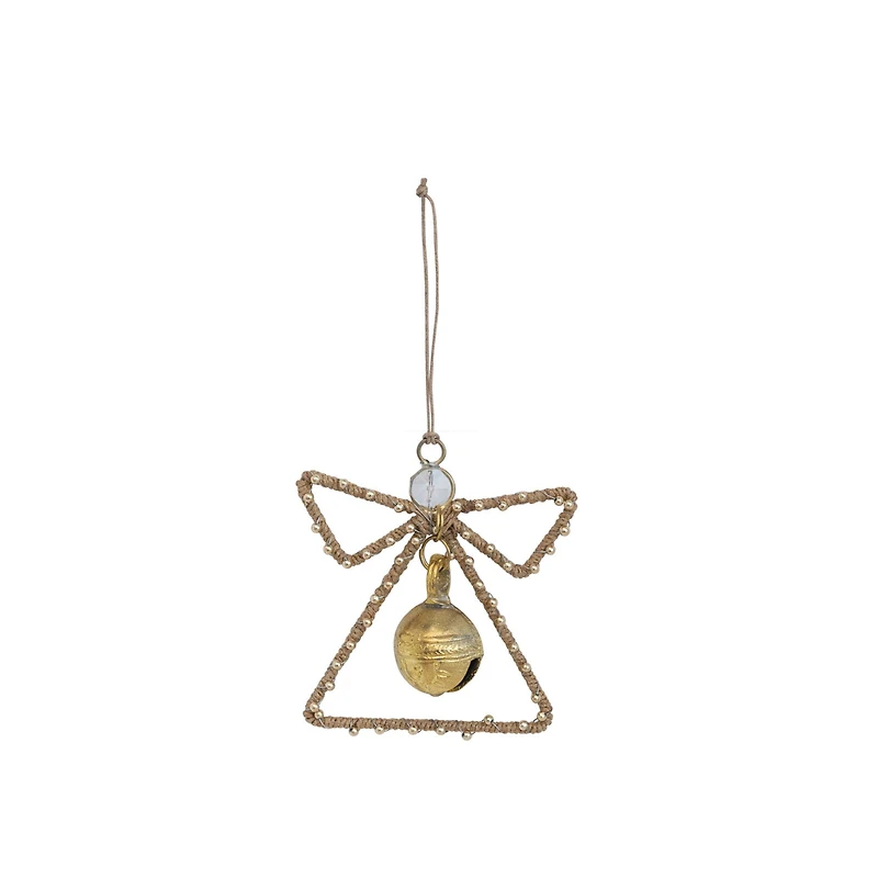 Hello Honey® 4.5" Natural & Gold Jute Wrapped Metal Angel Ornament with Bell