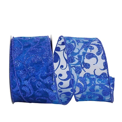 JAM Paper 2.5" x 20yd. Blue Scroll Wired Sheer Ribbon