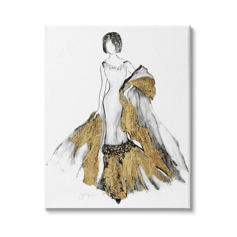 Stupell Industries Fashion Figure Drawing Female Glam Evening Gown Gold Canvas Wall Art