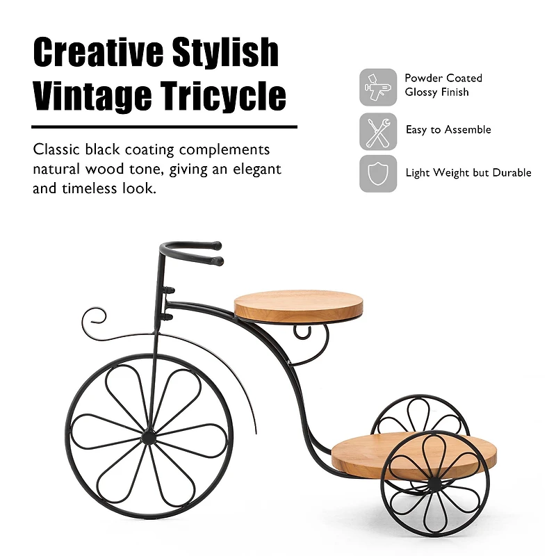 Glitzhome® 24" Black Metal Tricycle Planter Stand with Solid Wood Tray