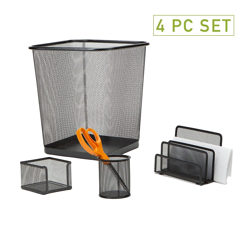 Mind Reader 4 Piece Black Desk Organizer Set with Metal Mesh Trash Can