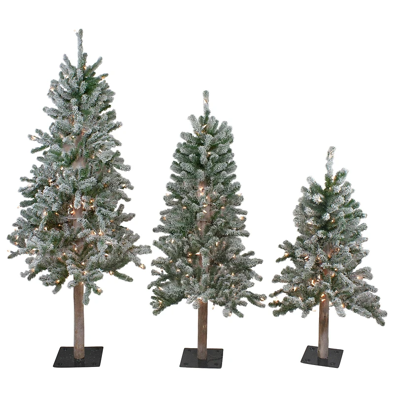 3 Pack Pre-Lit Flocked Alpine Christmas Trees, Clear Lights