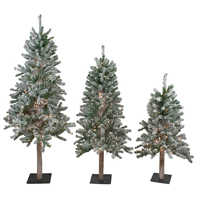 3 Pack Pre-Lit Flocked Alpine Christmas Trees, Clear Lights