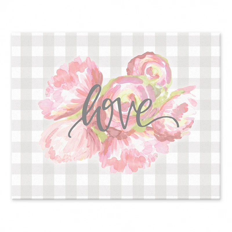 Love with Floral & Gray Plaid Tabletop Canvas Art