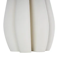 White Ceramic Abstract Ribbed Dimensional Concaved Vase with Floral Shaped Rim