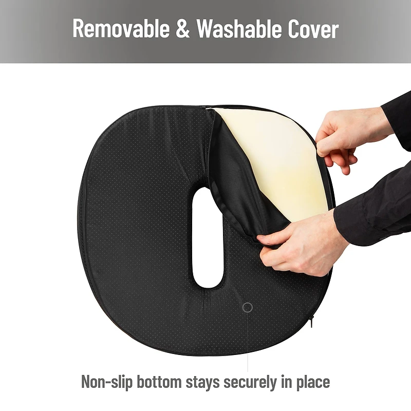 Mind Reader Donut Pillow with Air-Cloud Technology, Ergonomic Memory Foam Seat Cushion for Tailbone, Hemorrhoid, Pregnancy & Lower Back Pain Relief, Washable Cover, Black