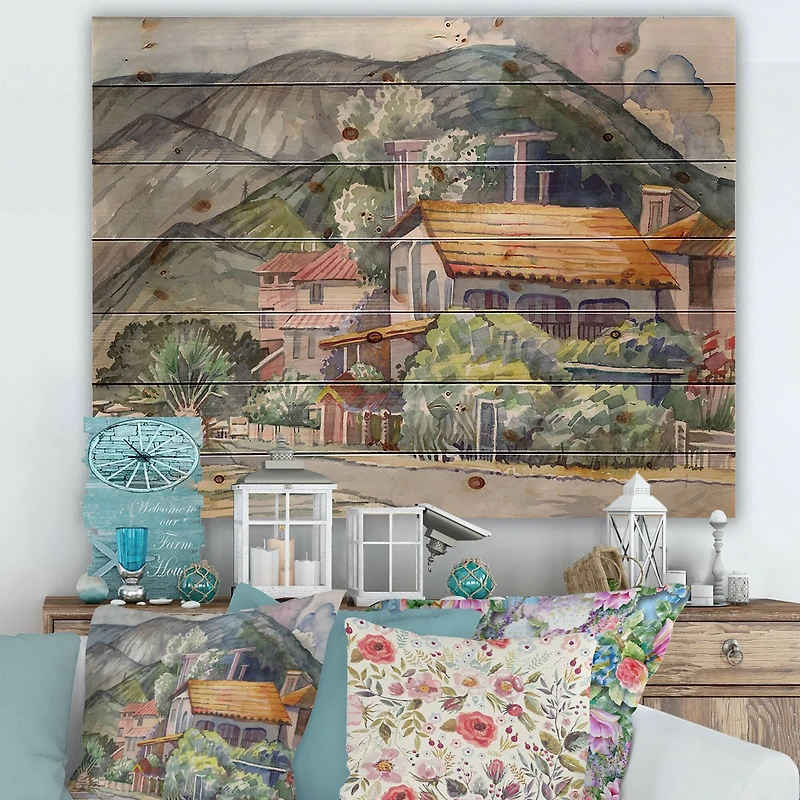 Designart - Greek Landscape Off The Coast Of The Aegean Sea - Traditional Print on Natural Pine Wood